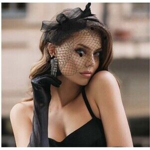 Black Feather Mesh Fascinator Veil Hat Hair Clip Band Wedding Tea Cocktail Party